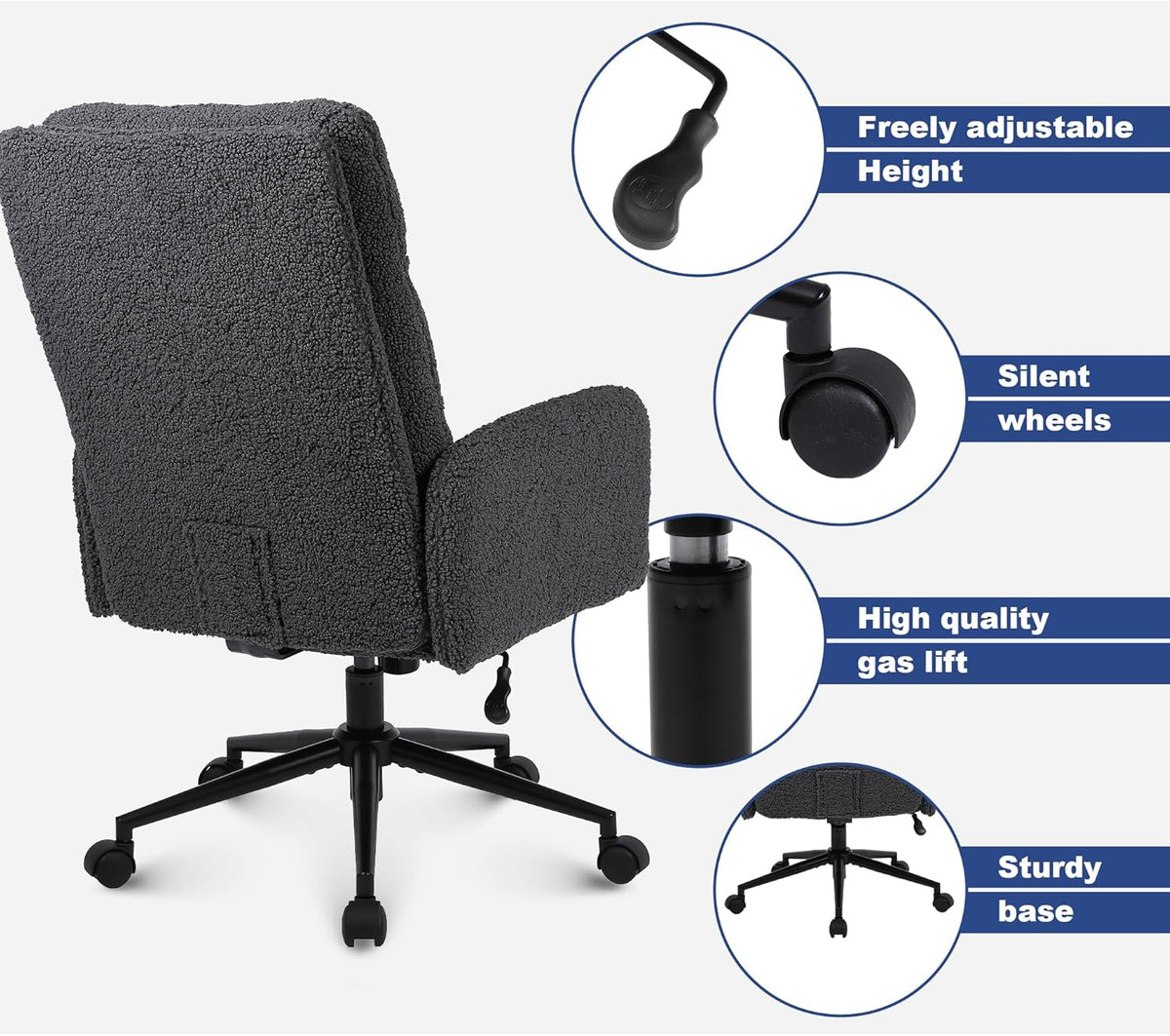 Youhauchair Bureaustoel met hoge rugleuning, bureaustoel van imitatiebont met verstelbare hoogte, comfortabele kaptafel van kasjmier, ergonomische bureaustoel voor thuis, donkergrijs