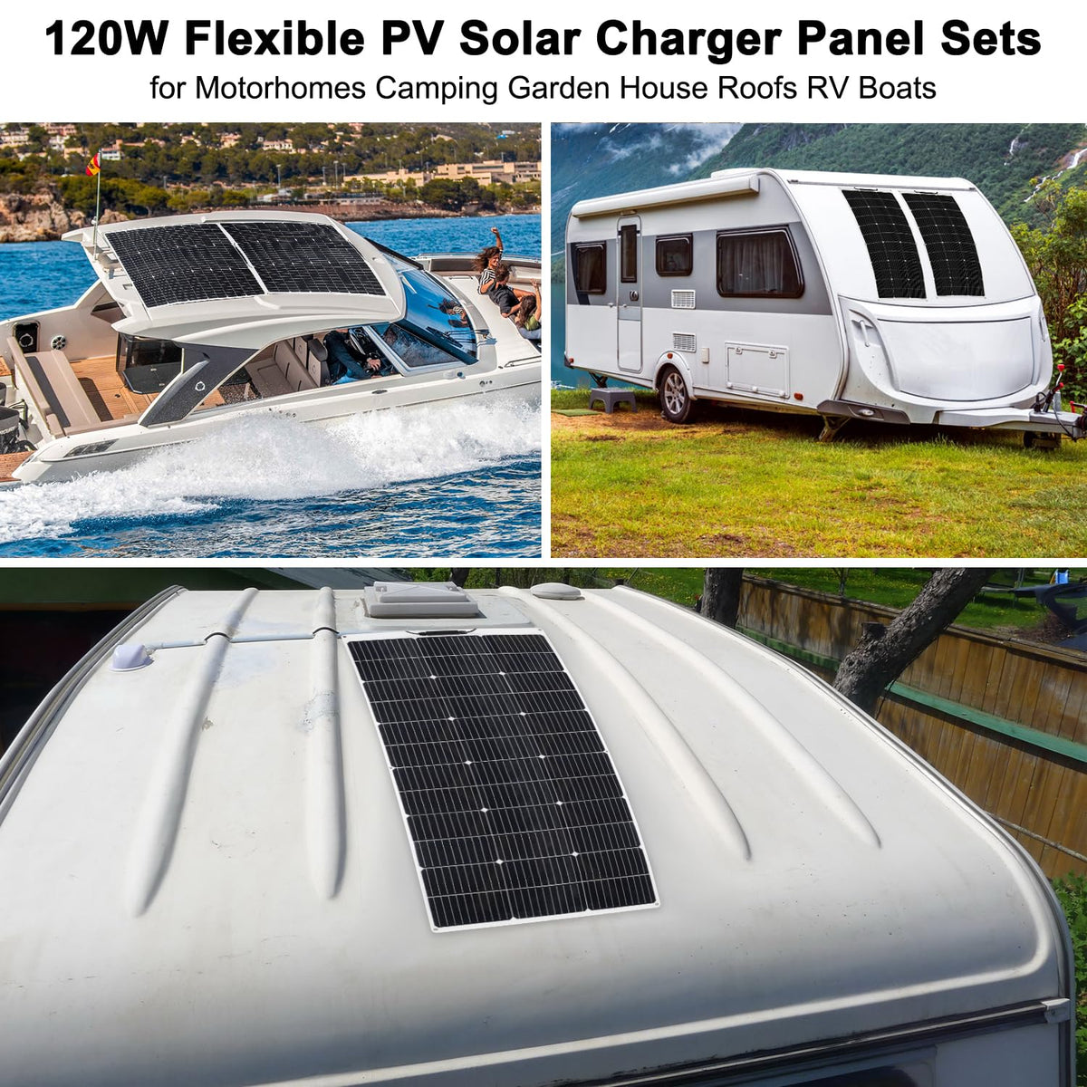 【120W 12V flexibele zonnepaneelkit】KOLLNIUN 120W ultradunne flexibele zonnepanelen+30A zonneladercontroller+T-connector+4 stuks zonnekabel+kabelbinder, PV-paneel voor balkon, camper, caravan, mariene