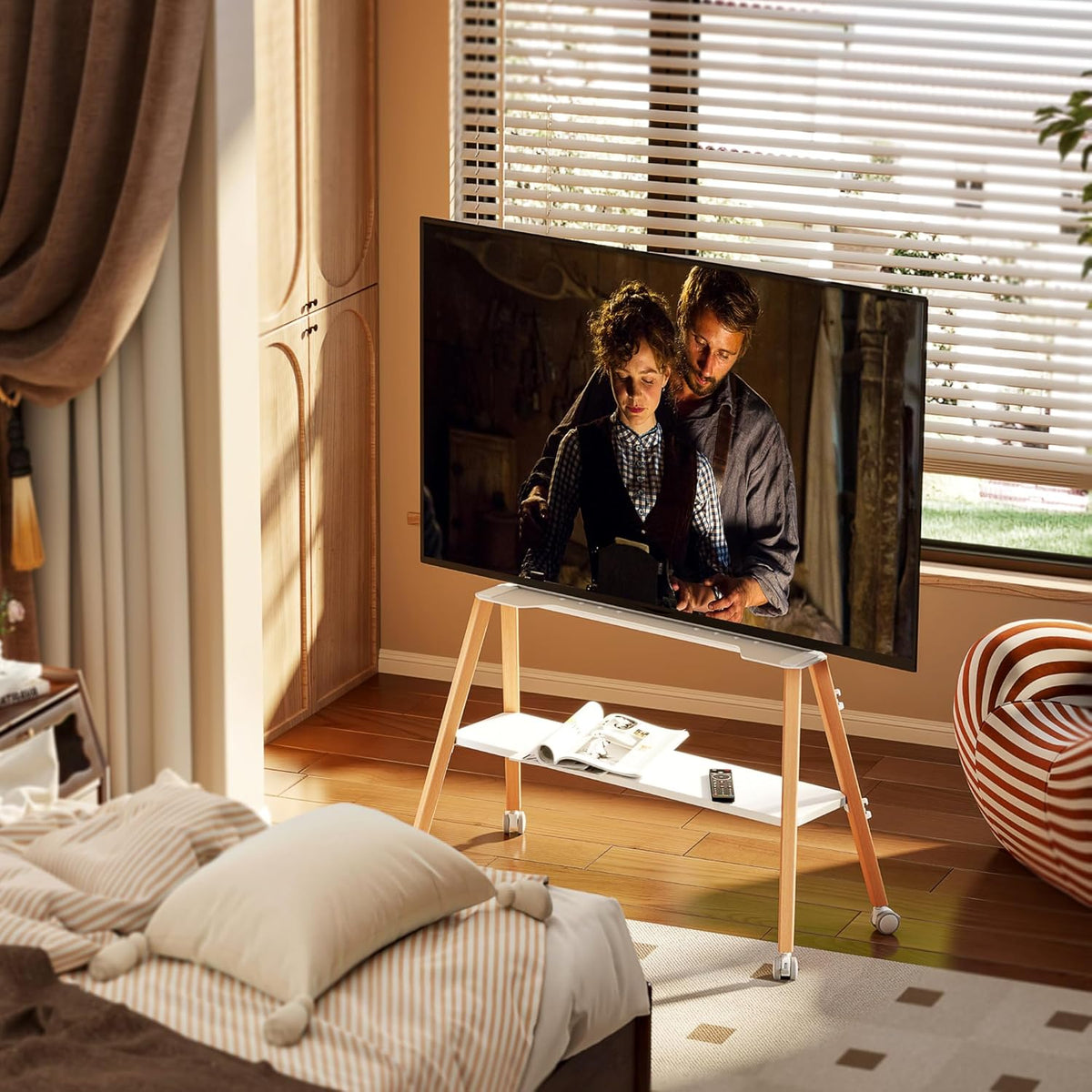 Easel TV standaard met wielen voor 49 tot 75 inch tv tot 40 kg, Easel Design met metalen structuur en houten plank, beweegbare tv-standaard op wielen voor winkel, kantoor, school, huis