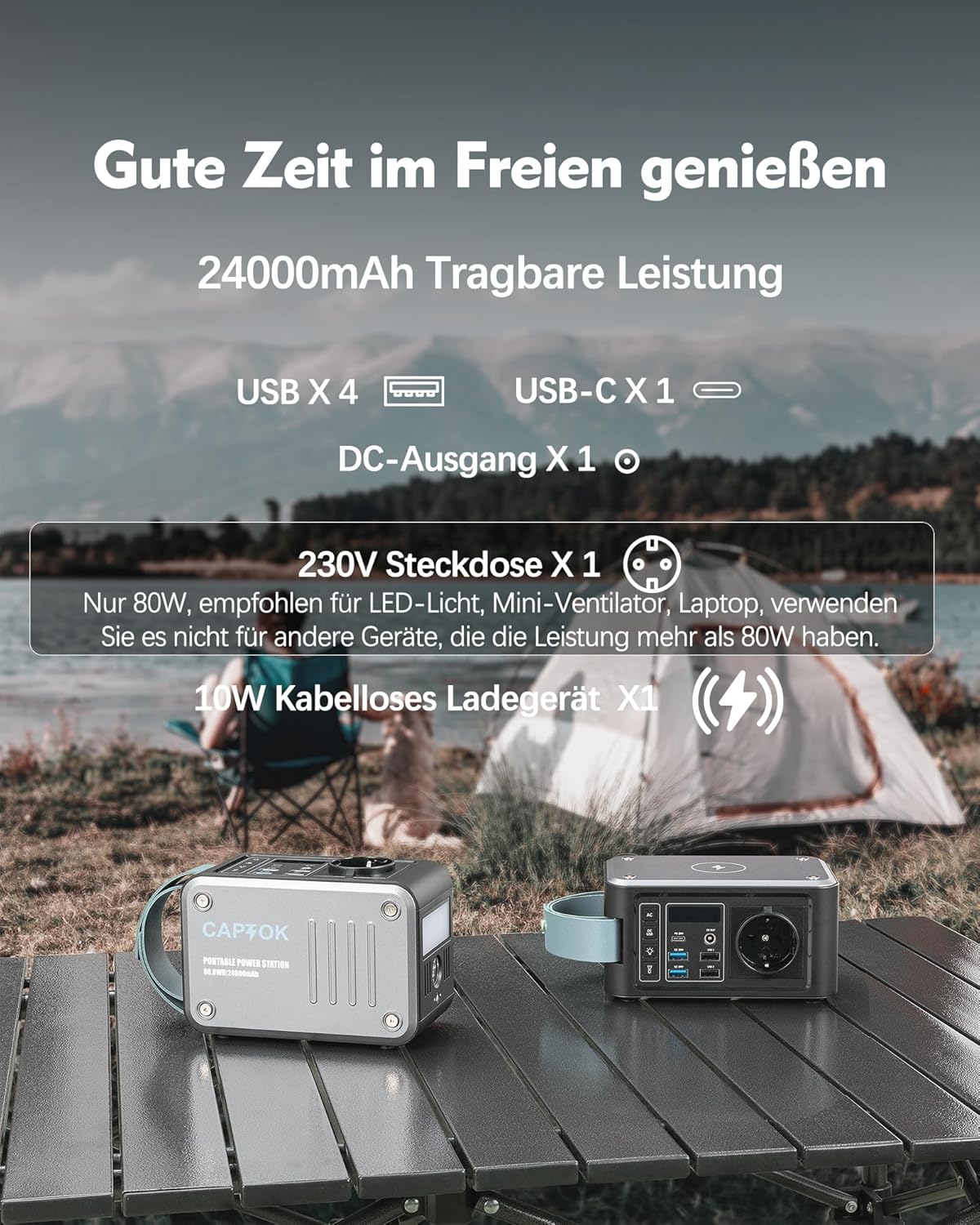 Powerbank 230 V met stopcontact, 88,8 Wh powerstation, 10 W draadloze oplader, 120 W zonne-generator USB-led voor camping, outdoor, noodgevallen
