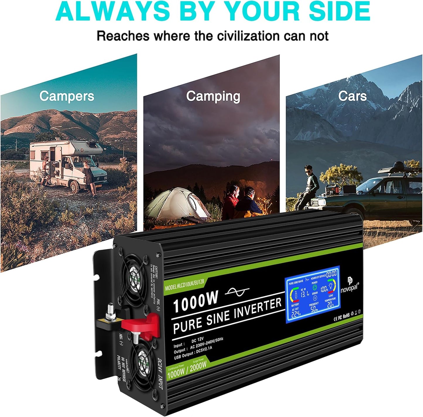 novopal Pure Onda Omvormer, 12 V naar 220 V, met lcd-display, 2 AC-uitgangen en afstandsbediening van de USB-aansluiting, voor camper, vrachtwagen, boot, camping, thuis (LCD 1000W 12V)