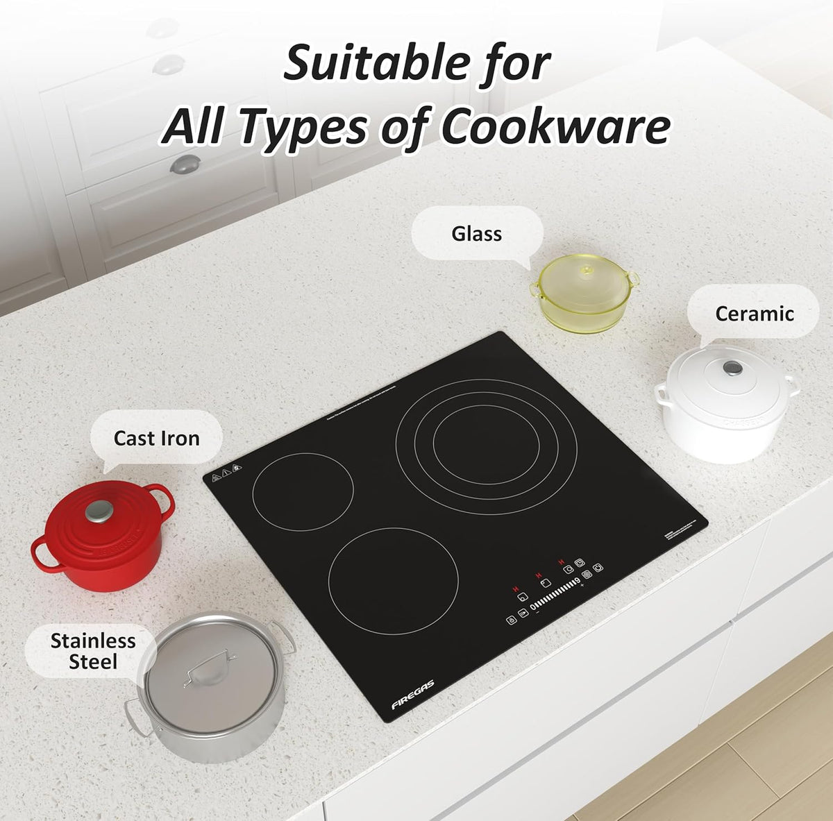 Glaskeramiek Inbouwkookplaat – Keramische Kookplaat – Elektrische Kookplaat – 3 Zones Kookplaat – Kookplaat Zonder Stekker – 59 cm Compact – 9 Warmtestanden – Krasbestendig Glas