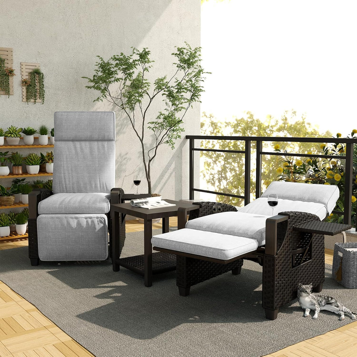 Grand patio Recliner Lounger with Seat Cushion Armrest Chair Adjustable Backrest Rattan Sun Lounger for Indoor Outdoor Use Dark Grey Dark Grey Seat Cushion and Brown Rattan - QUORE
