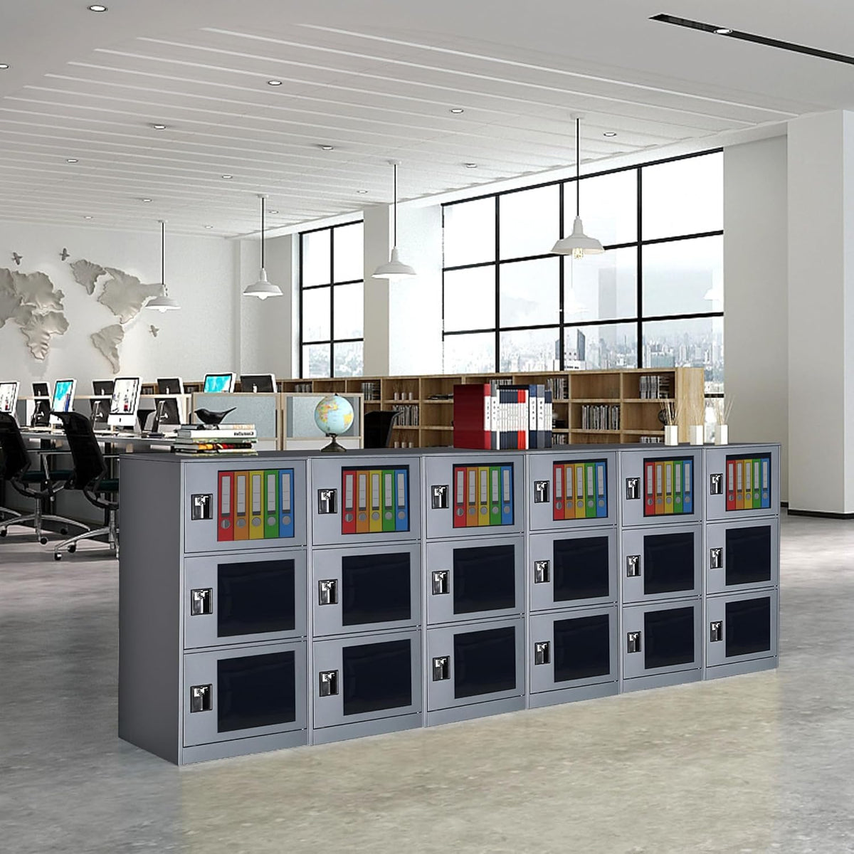 MECOLOR Verticale doorzichtige kluis met hangslot, gymkluis, werknemerskluisjes, metalen kluisjes voor kantoor, 2 of 3 niveaus opbergkast (G3V, grijs)