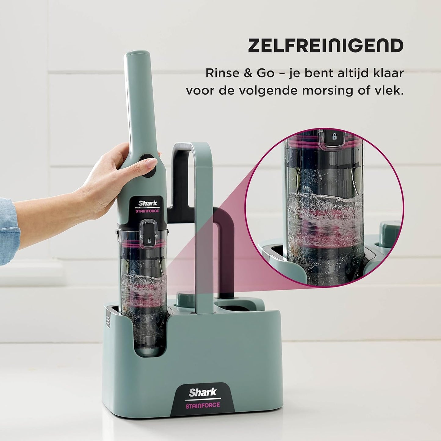 Shark StainForce snoerloze vlekkenverwijderaar, lichtgewicht en draagbare vlekkenverwijderaar voor tapijten, bekleding, trappen, auto's, met opvangbak, accessoires en 2x reinigingsoplossing, HX100EUCP