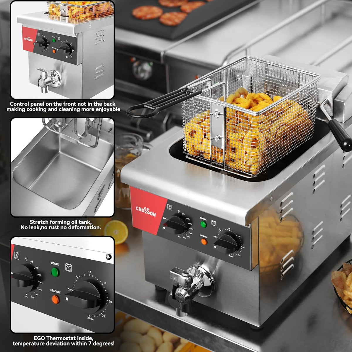 CROSSON Elektrische friteuse voor het werkblad, 8 l, met afvoerventiel, solide mand en deksel voor restaurants, 230 V, 3250 W, roestvrij staal, commerciële friteuse