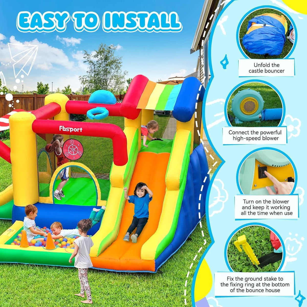 FBSPORT Opblaasbaar slot voor kinderen met dubbele glijbaan, trampoline, ballenbad, balwerper, klimwand en basketbalmand, voor binnen en buiten, 322 x 305 x 208 cm