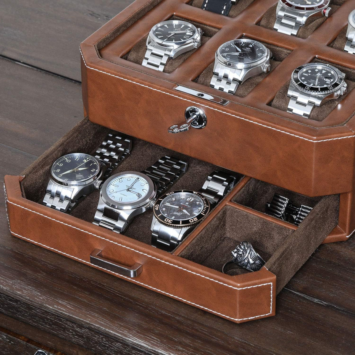 Horlogedoos – Horlogebox – Horloge Opbergdoos – Watch Box – Sieradendoos – 6 Vakken – Massief Hout Met Leerafwerking – Glazen Deksel Met Valet Lade