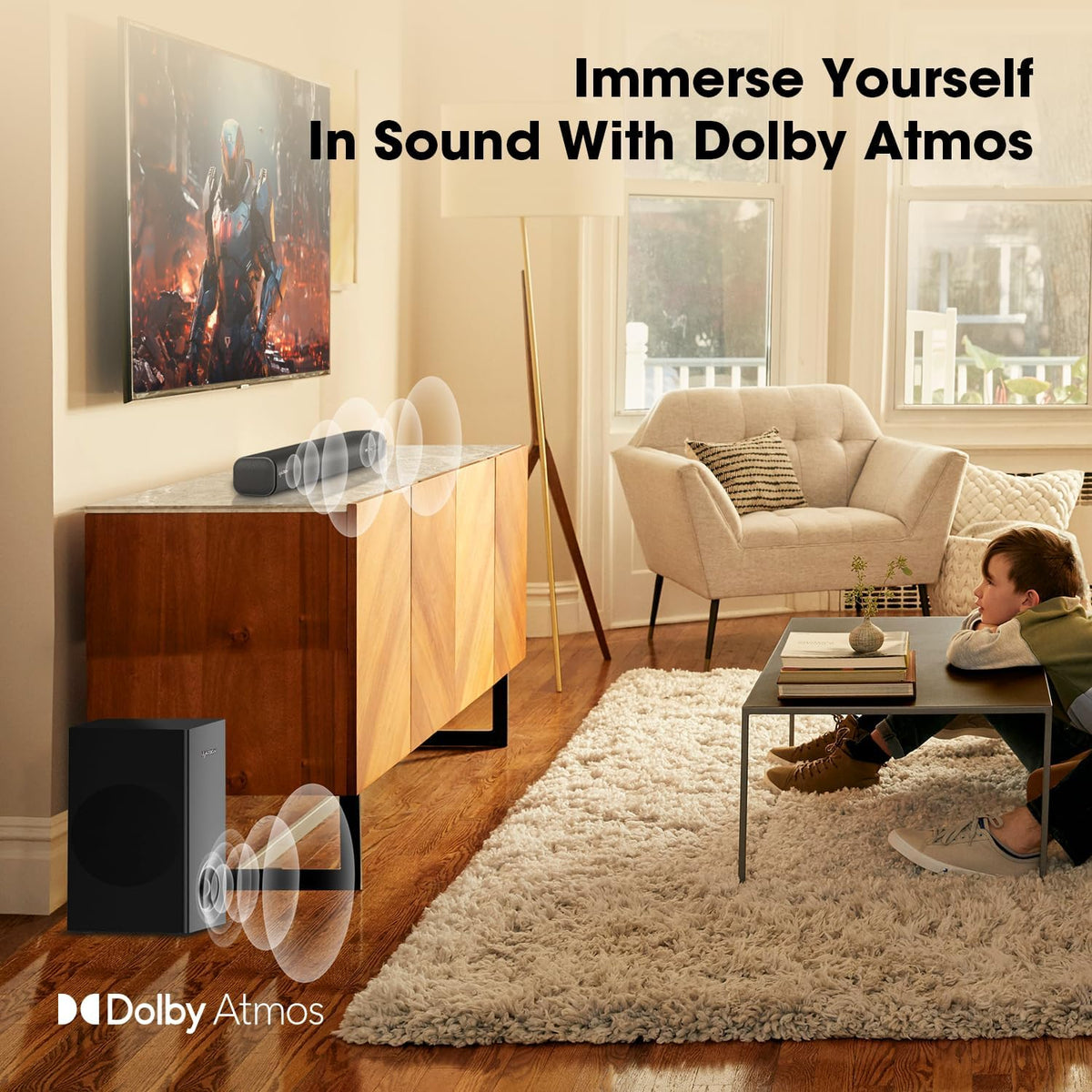 Soundbar voor TV 120W met Dolby Atmos, 2.1CH Surround Sound, TV Soundbar met Bedrade Subwoofer, 3D Home Cinema Geluid, 4 EQ Modi