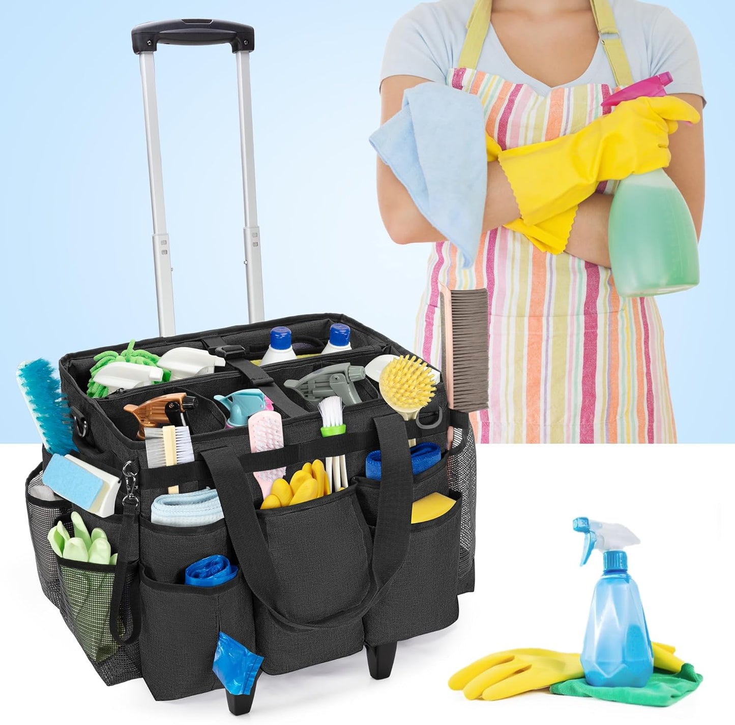LoDrid reinigingstas met afneembare trolley, draagbare reinigingswagen op wielen voor schoonmaakmiddelen, professionele werktas op wielen voor schoonmaken, zwart