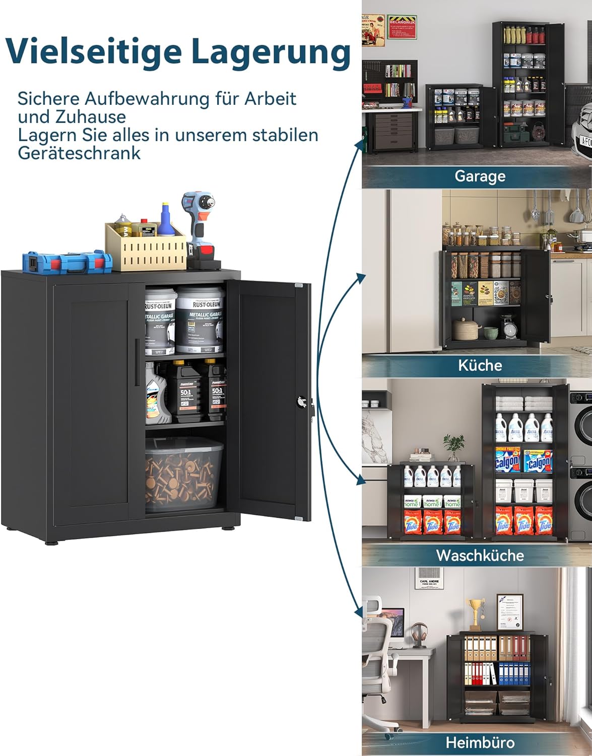 OSC211B01HI archiefkast, afsluitbare garagekast, 3 niveaus, zwart