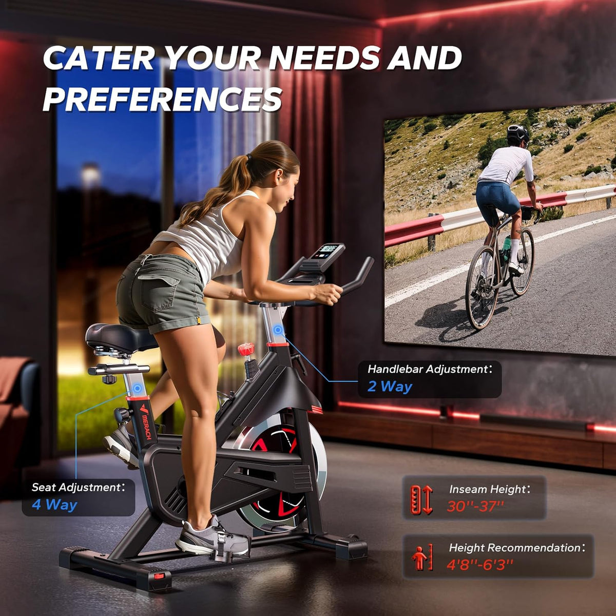 MERACH Hometrainer, fiets met magnetische weerstand, stille remvoering/hometrainer, fiets met verbeterd comfortabel zitkussen, indoor cycling bike met tablethouder, eigen app, tot 136 kg
