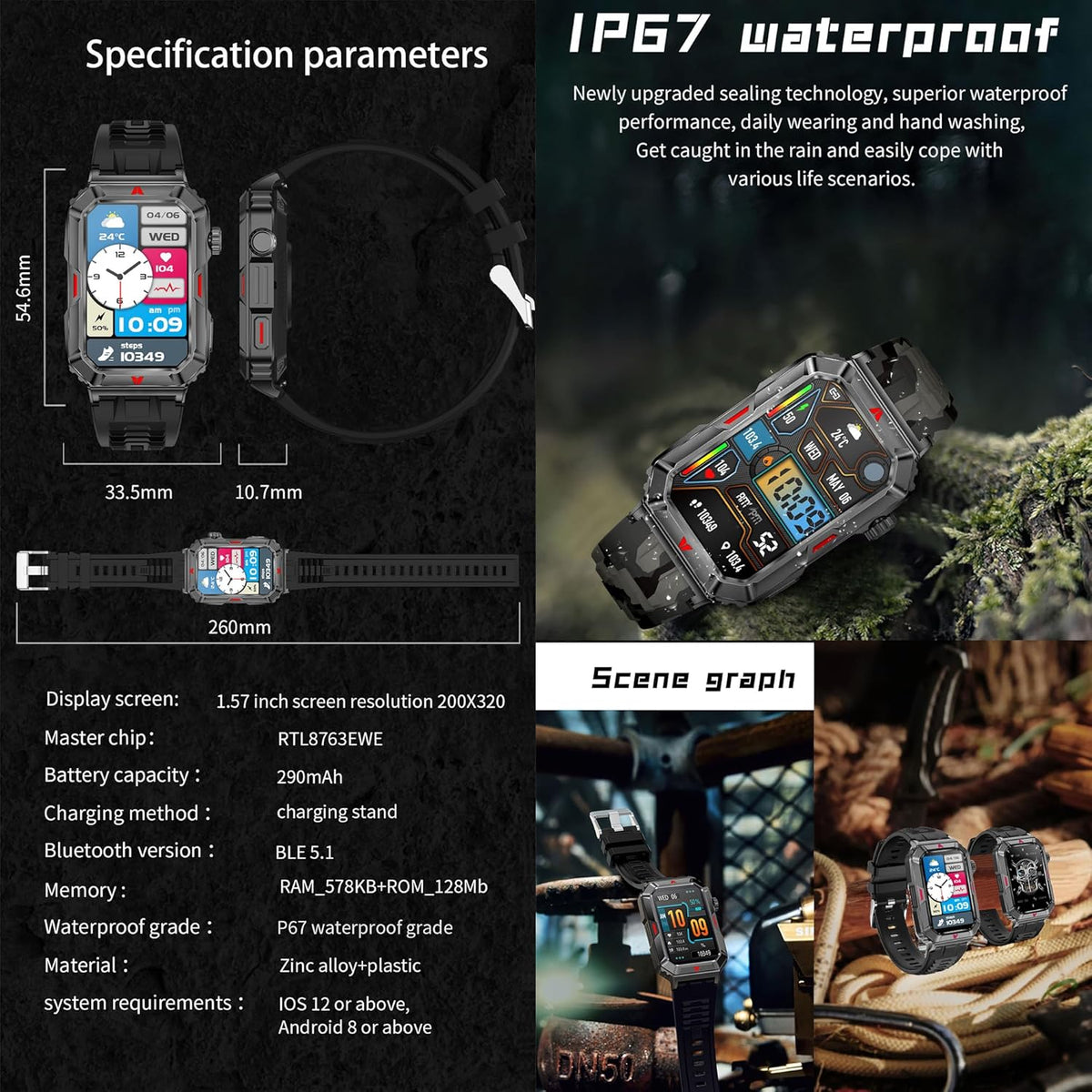 Smartwatch Herren met Bellen/Kiezen via Bluetooth, 1,57” AMOLED Smart Watch voor Herrens, Slaapmonitor Menstruatie Volgen, Calorie Stappenteller Stopwatch Activity-Armband voor Android iOS (Zwart)