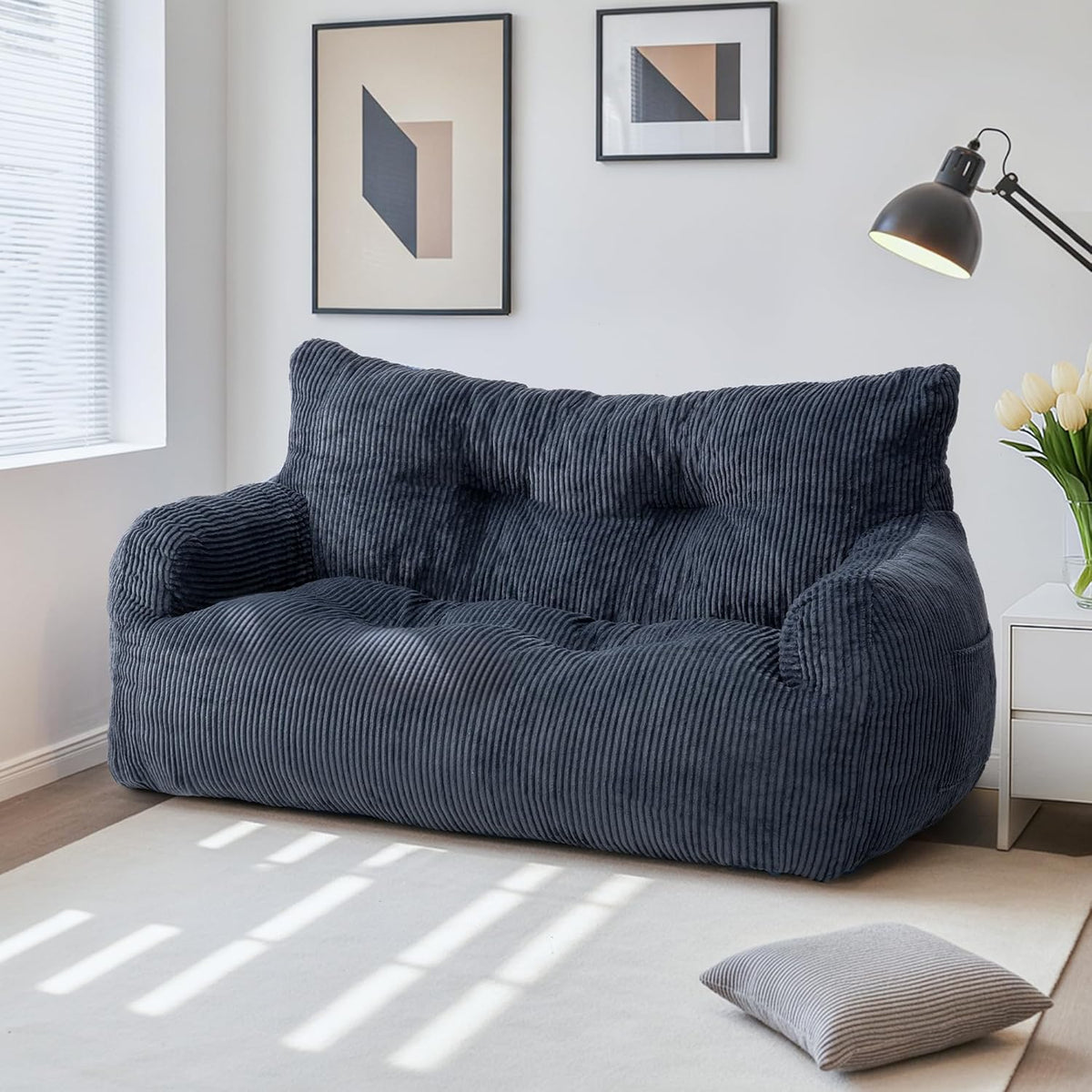 Pamapic Zitzak voor volwassenen met vulling, dubbele woonkamerstoel met draagbare handgreep, ergonomisch, modern, voor woonkamer, slaapkamer, speelkamer, blauw