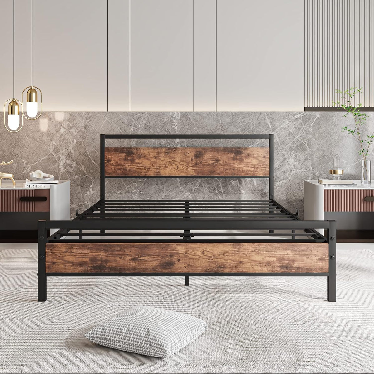 HOJINLINERO Kingsize bedframe met houten hoofdeinde, metalen platformbedframe kingsize matrasbasis, metalen lattensteun en opbergruimte onder bed, massief metalen bedframe tweepersoonsbed, zwart