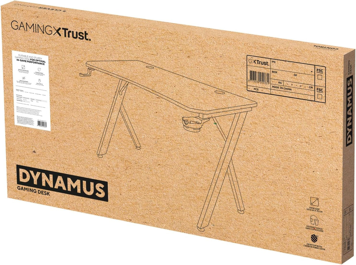 Trust Gaming GXT 712 Dynamus Gaming Bureau 120 x 60 cm, Gaming Desk met Headsethaak en Bekerhouder, Metalen Frame, Gaten voor Kabelbeheer, Office Desk voor Kantoor Studie Streaming Werk, Zwart