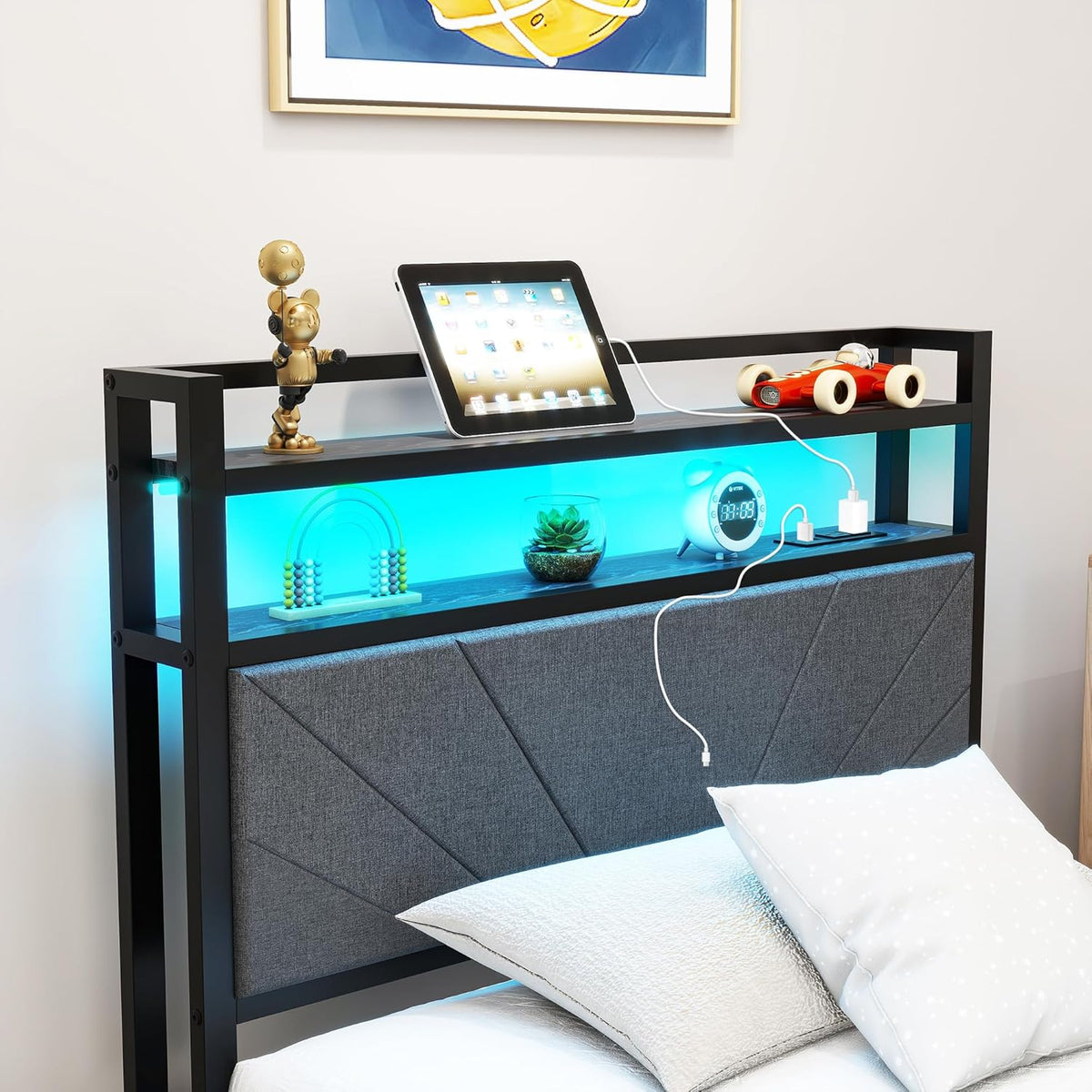 Gestoffeerd bed, 90 x 200 cm, metalen bed, eenpersoonsbed, bedframe met led en laadstation, bedframe met opbergruimte, tienerbed, logeerbed, bedframe met hoofdeinde, donkergrijs