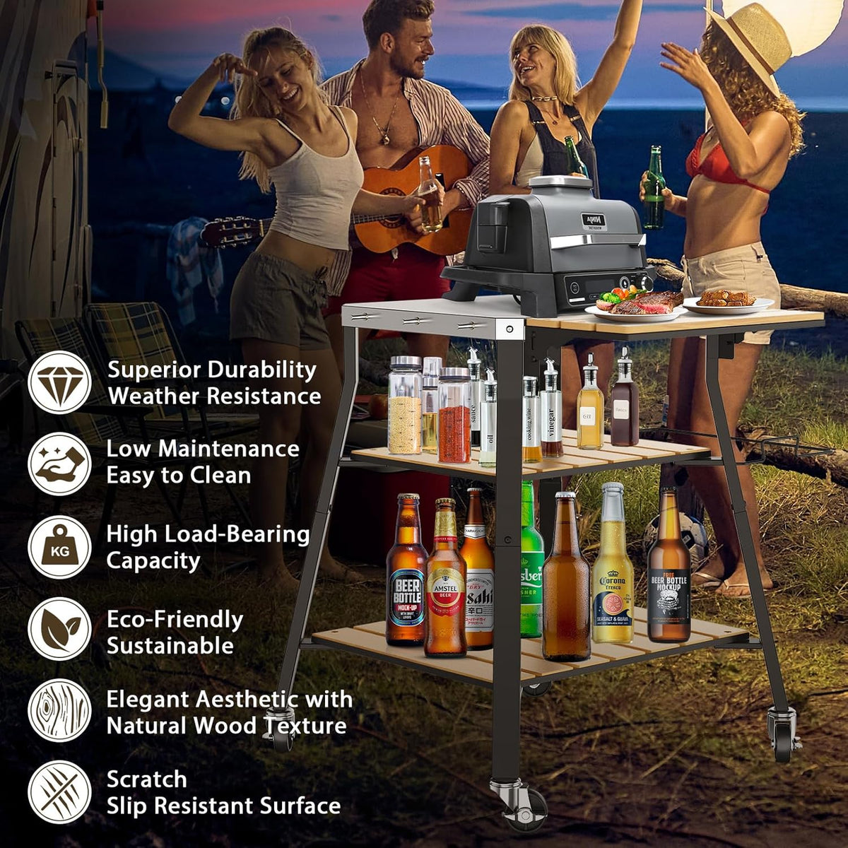 GFTIME Universele draagbare grillwagen, rollende roestvrijstalen grilltafel, keukeneiland multifunctionele wagen voor Solo Stove & Ninja Woodfire outdoor BBQ, grillstandaard met WPC-planken en 360°