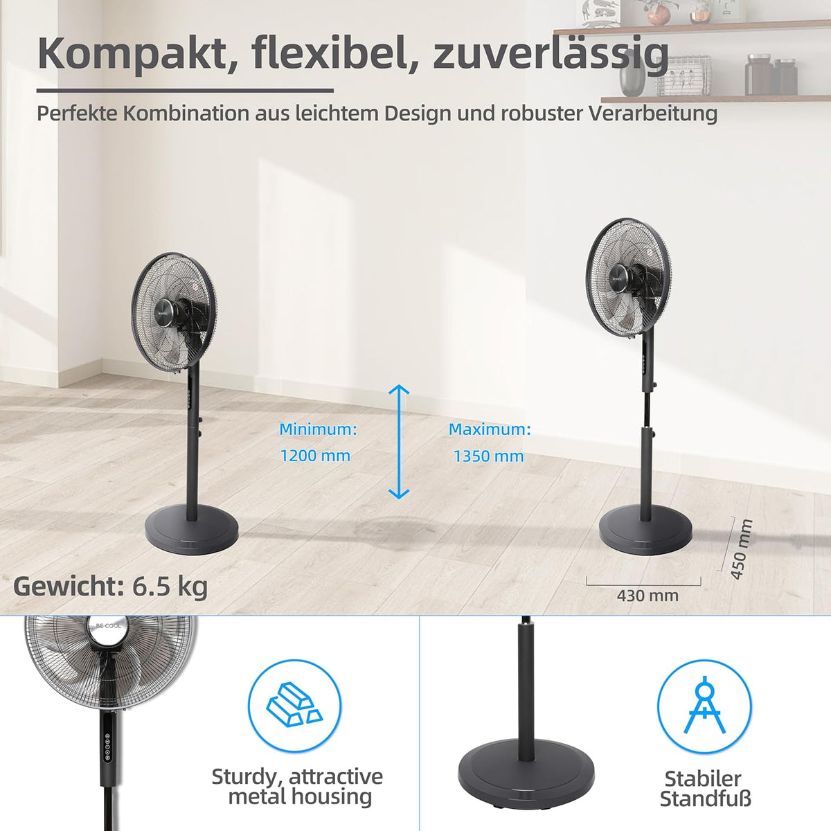 Staande Ventilator – Ventilator – Vloerventilator – Voetventilator – Statiefventilator – Zwart – 50 W DC-Motor – 24 Snelheden
