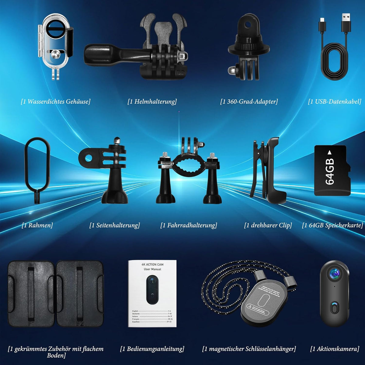 Mini Action Cam WiFi, 4K onderwatercamera, waterdicht tot 30 m, met 64G geheugenkaart, handsfree POV, overal te bevestigen, 360° helmcamera, motorfiets, fiets, bodycam, lichaamscamera