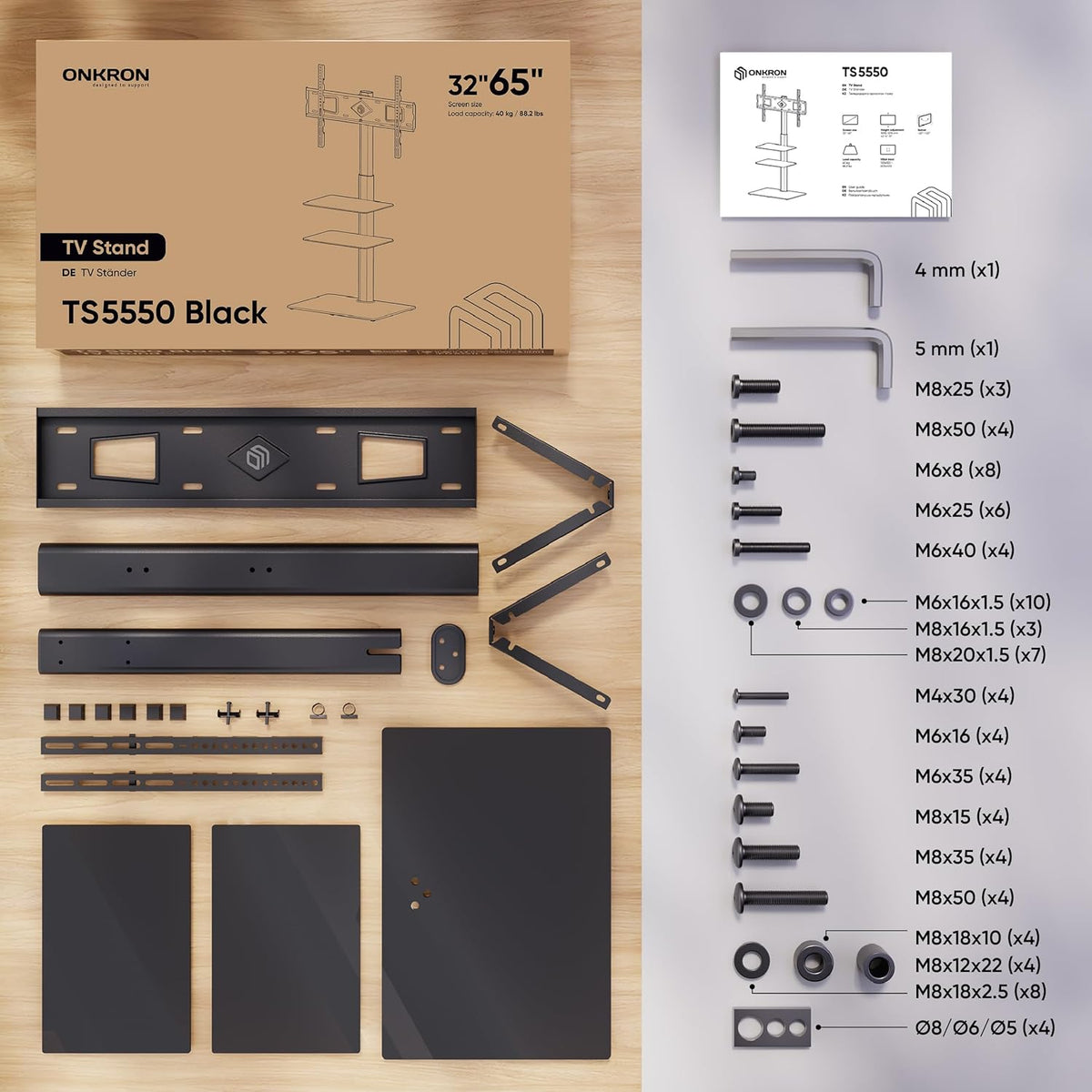 ONKRON TV Vloerstandaard voor 32-65 inch TV’s tot 40 kg, universele TV standaard kantelbaar en in hoogte verstelbaar max 600x400 VESA Standaard TV statief/TV wagen met wielen zwart TS5550-B
