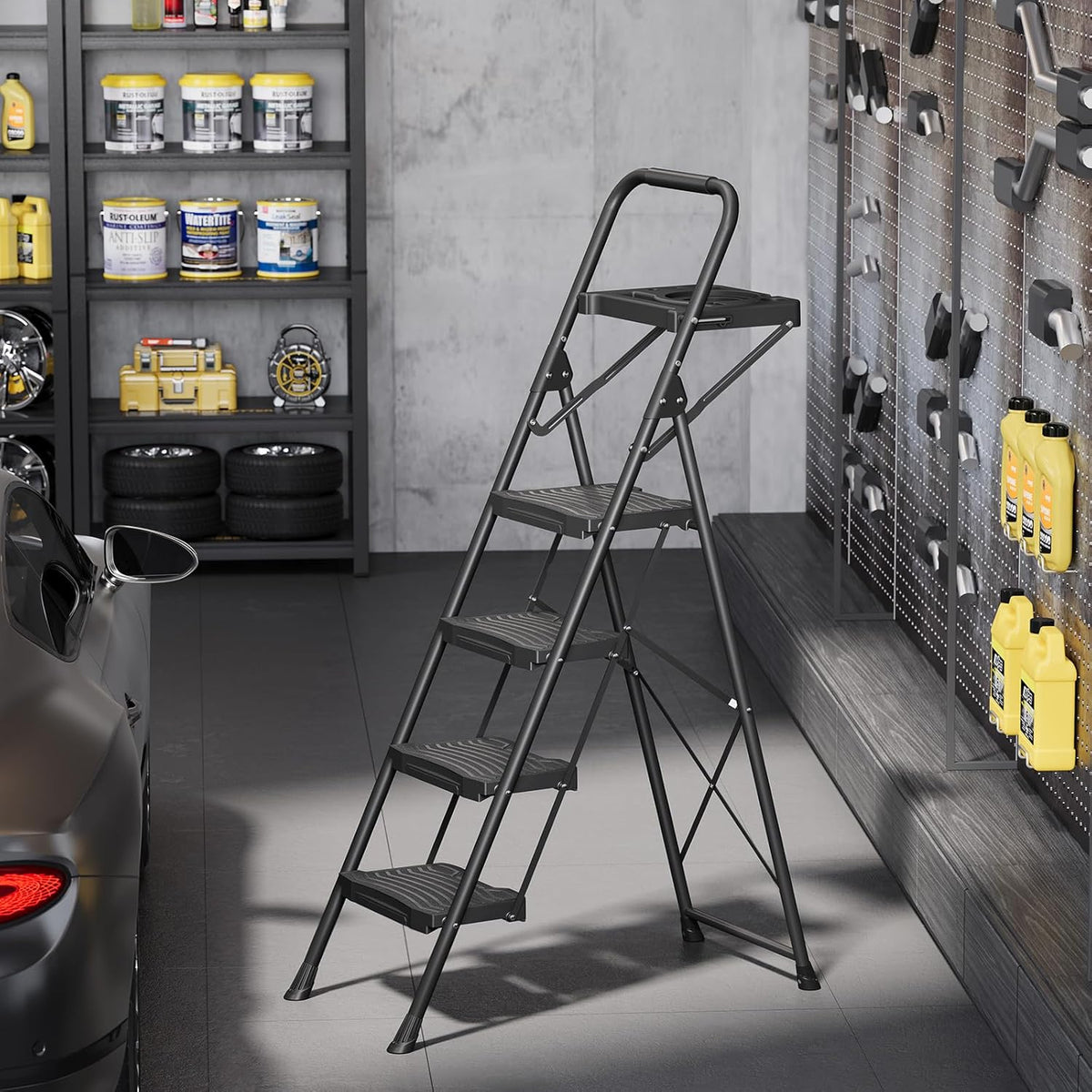 KINGRACK 4-traps ladder met gereedschapsbak, stabiele opstapkruk met leuning, brede antislip pedalen, opvouwbare opstapkruk voor thuis, garage, tuin, zwart