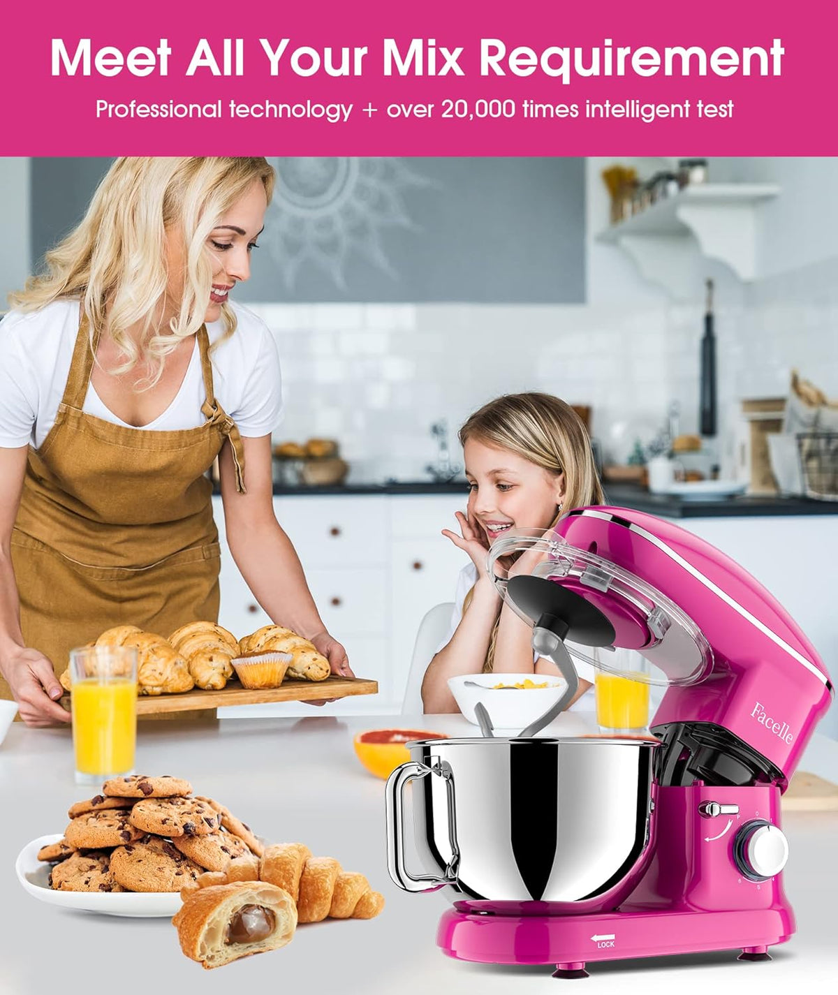 Facelle Staande mixer, 1500 W 6-speed kantel-head voedselmixers taartmixer keuken elektrische keukenmixer met 6L roestvrijstalen kom, deeghaak, platte klopper, garde, spatbescherming, om te bakken