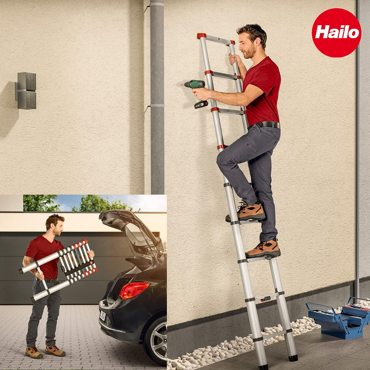 Hailo T80 FlexLine aluminium veiligheidstelescopische ladder - uittrekbare ladder met 9 sporten - werkhoogte tot 340 cm - gewicht 8,1 kg - zilver