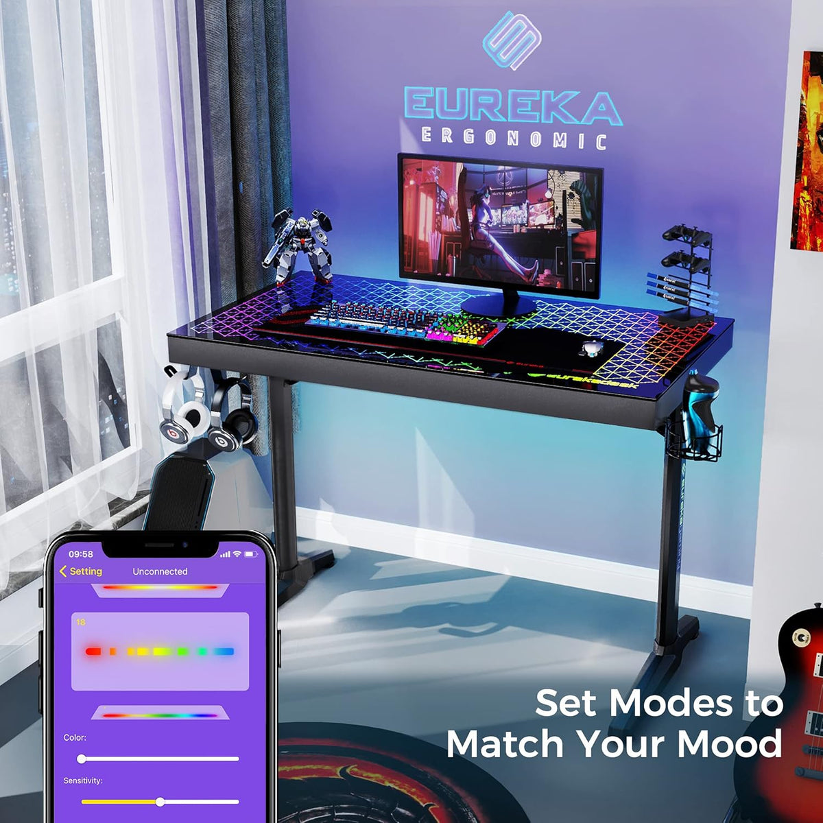 EUREKA ERGONOMIC Glazen gamingtafel met RGB 110 x 60 cm gaming bureau glas gamer PC computertafel met muzieksynchronisatie, app-bediening, hoofdtelefoonhaak, bekerhouder