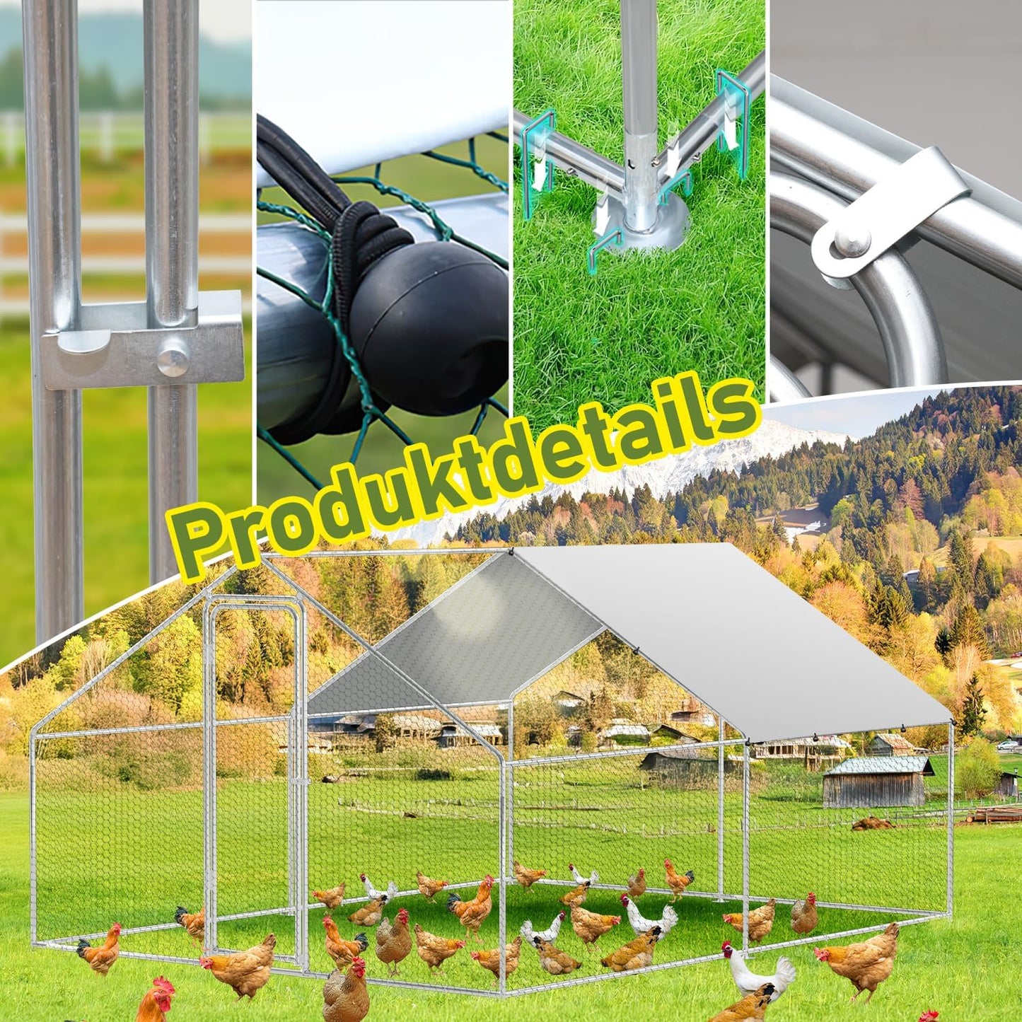 Kippenren – Kippenhok – Buitenren – Dierenren – Ren Voor Kleine Dieren – XXL 3x6x2 Meter – Thermisch Verzinkt Stalen Frame Met Slot