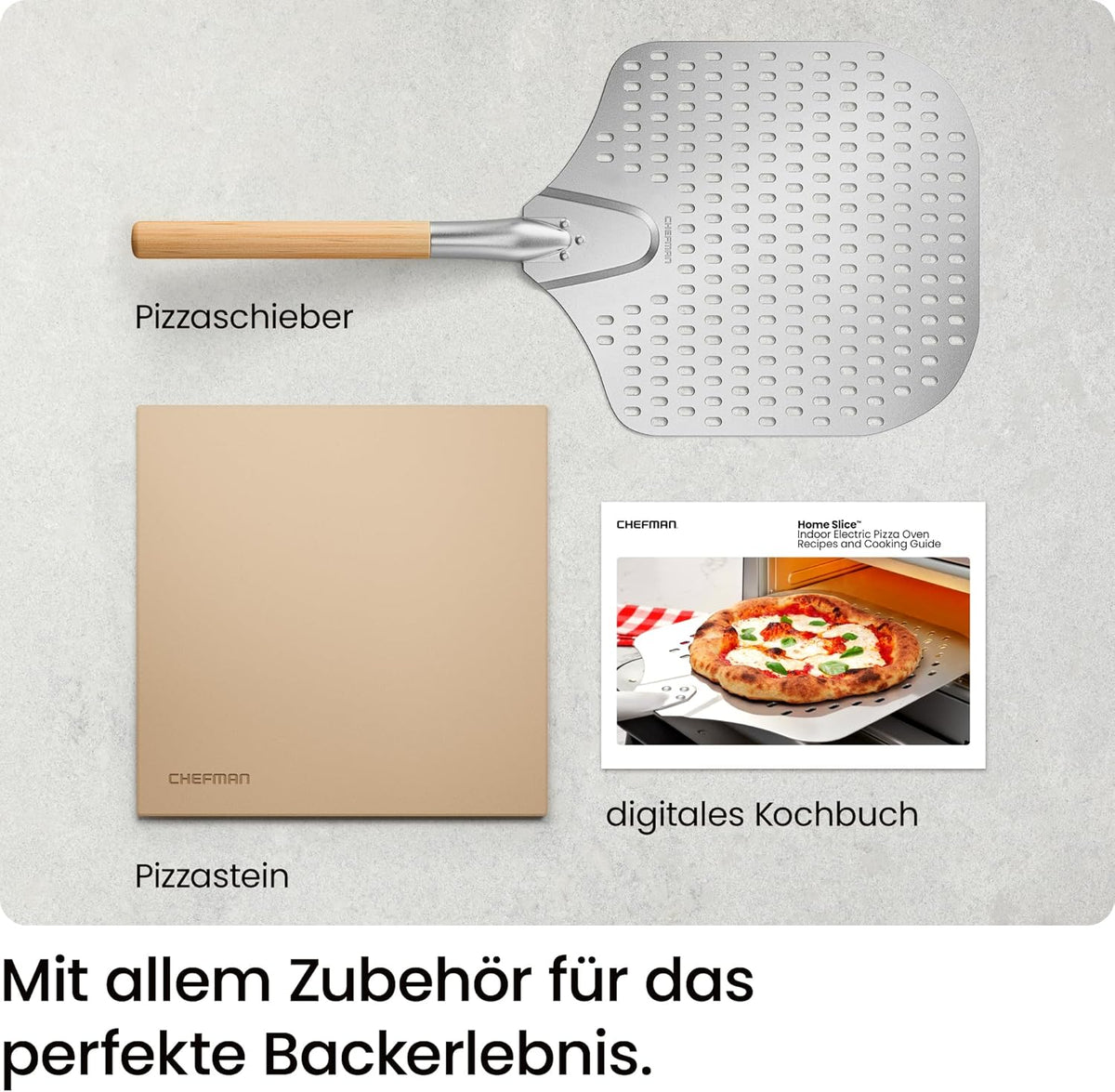 CHEFMAN Elektrische pizzaoven voor binnen en buiten, draagbare pizzaoven 30 cm voor Napolitaans, New Yorker, fijne korst en braadpan, pizzasteen en schilschijf, zwart