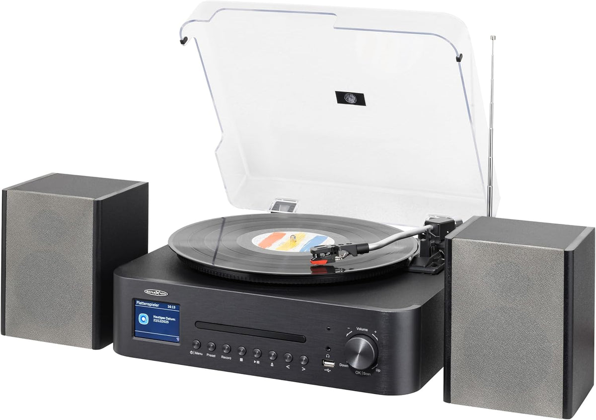 Reflexion Draaitafel met luidspreker en wifi, retro hifi-installatie met DAB+, internetradio, bluetooth, cd, USB-mp3-opname, kleurendisplay, wekker en slaaptimer, compleet systeem incl