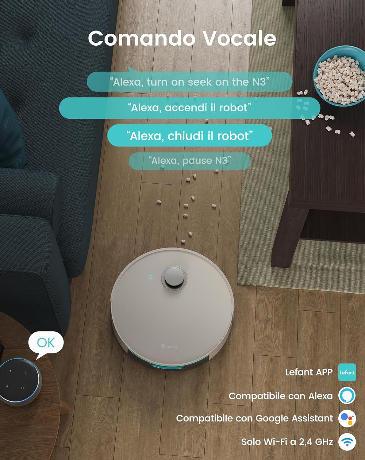 LEFANT N3 Robotstofzuiger met kartering, lasersensor d-ToF, 6000 Pa, 200 min, virtuele barrières, reiniging van het geselecteerde gebied, robotstofzuiger verbonden met app, champagnegrijs