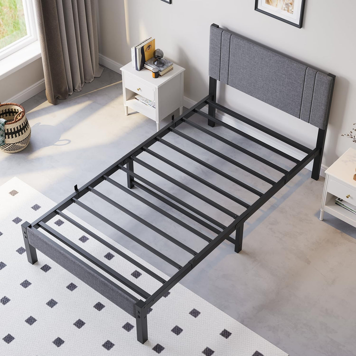 DUMEE Bedframe voor eenpersoonsbed, van metaal met hoofdeinde en plank, 0,9 m, gevoerd metalen frame met verbeterde ondersteuning, geen veren, geen lawaai, eenvoudige montage, grijs