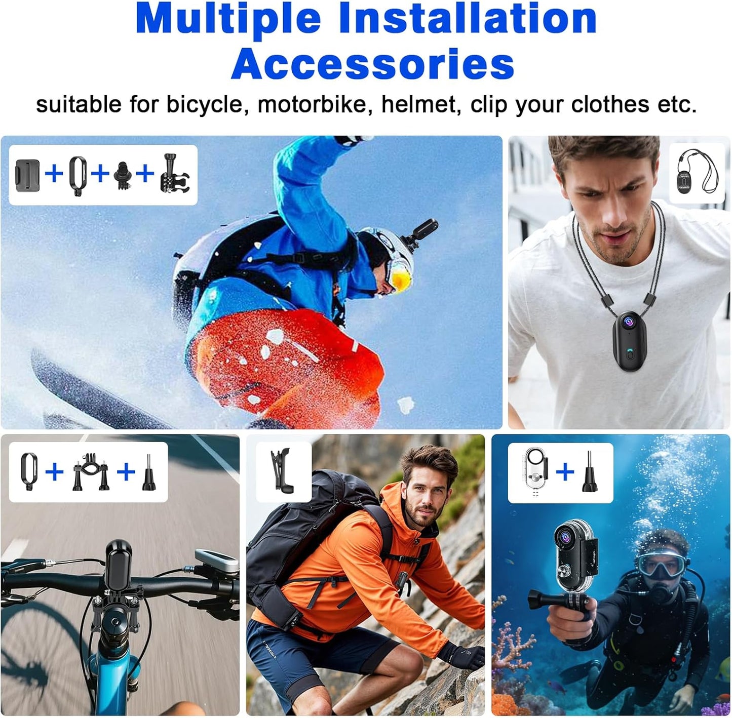 Actiecamera, wifi, 4K, waterdichte mini-actiecamera, mini-lichaamscamera, 120° motorhelmcamera met magnetische en meerdere houders, inclusief 16 GB SD-kaart