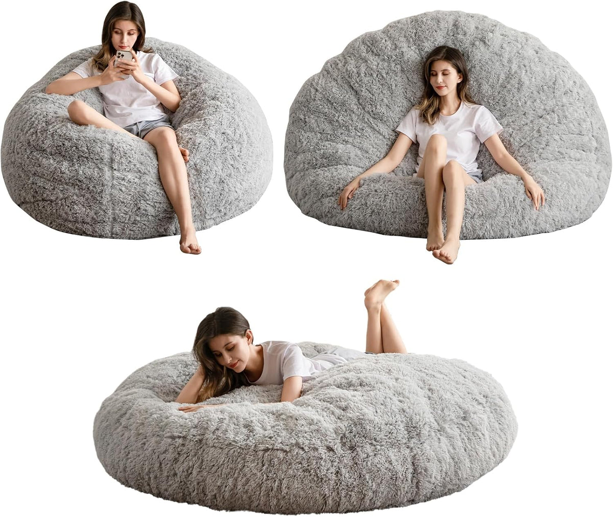 MAXYOYO Gigantische zitzakbed - ronde zitzakstoel - grote bank met lange hoes van imitatiebont en pluizige vulling inbegrepen voor volwassenen, stellen, gasten (grijs, 150 x 150 cm)
