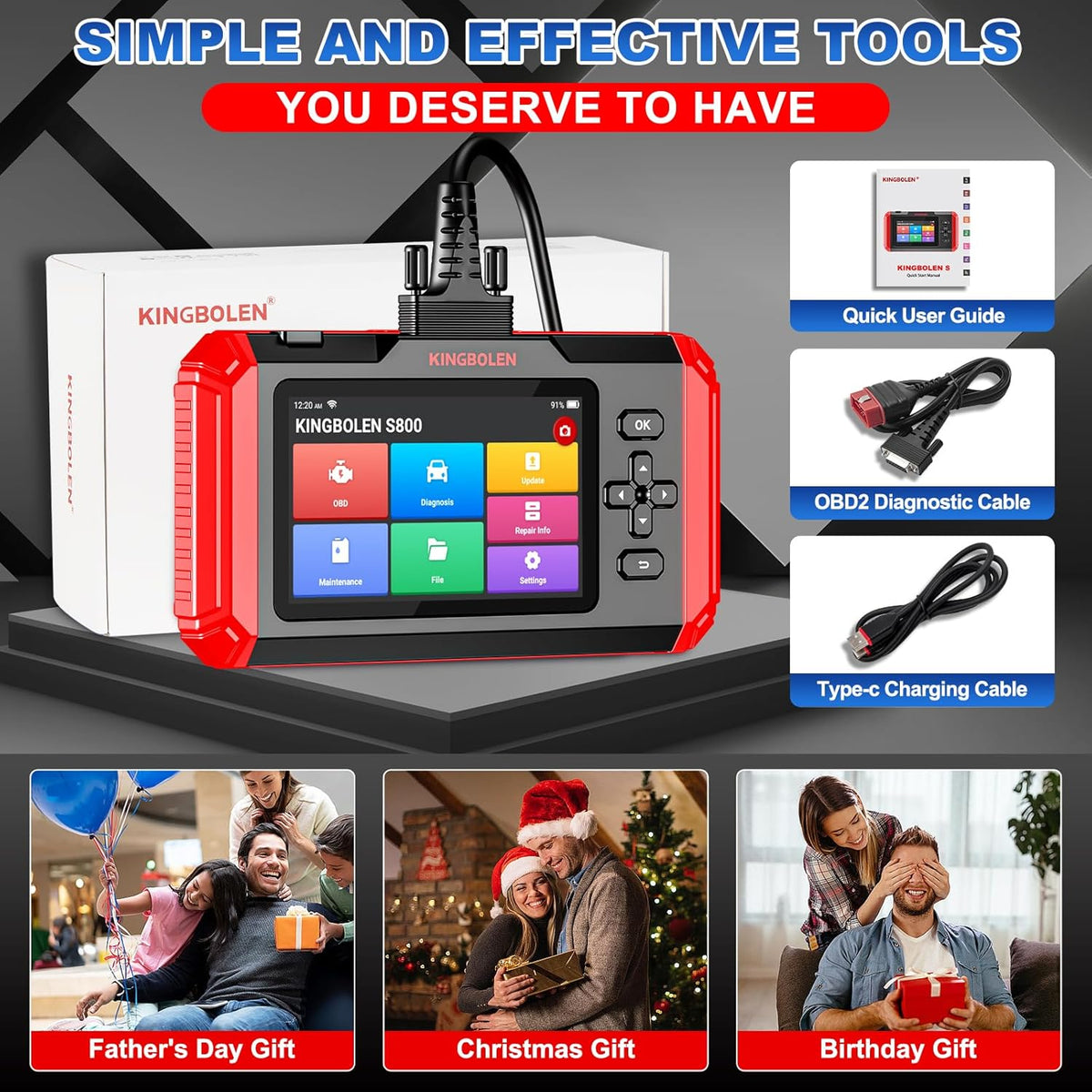 KINGBOLEN S800 OBD2 Codelezer, MOTOR, ABS, SRS, AT 4 Systeem Auto Diagnostische Scan Tool, OBD2 scanner met 15 Reset Service, Auto VIN, 16G ROM (Ondersteunt 256G Uitbreiding), Levenslange Gratis