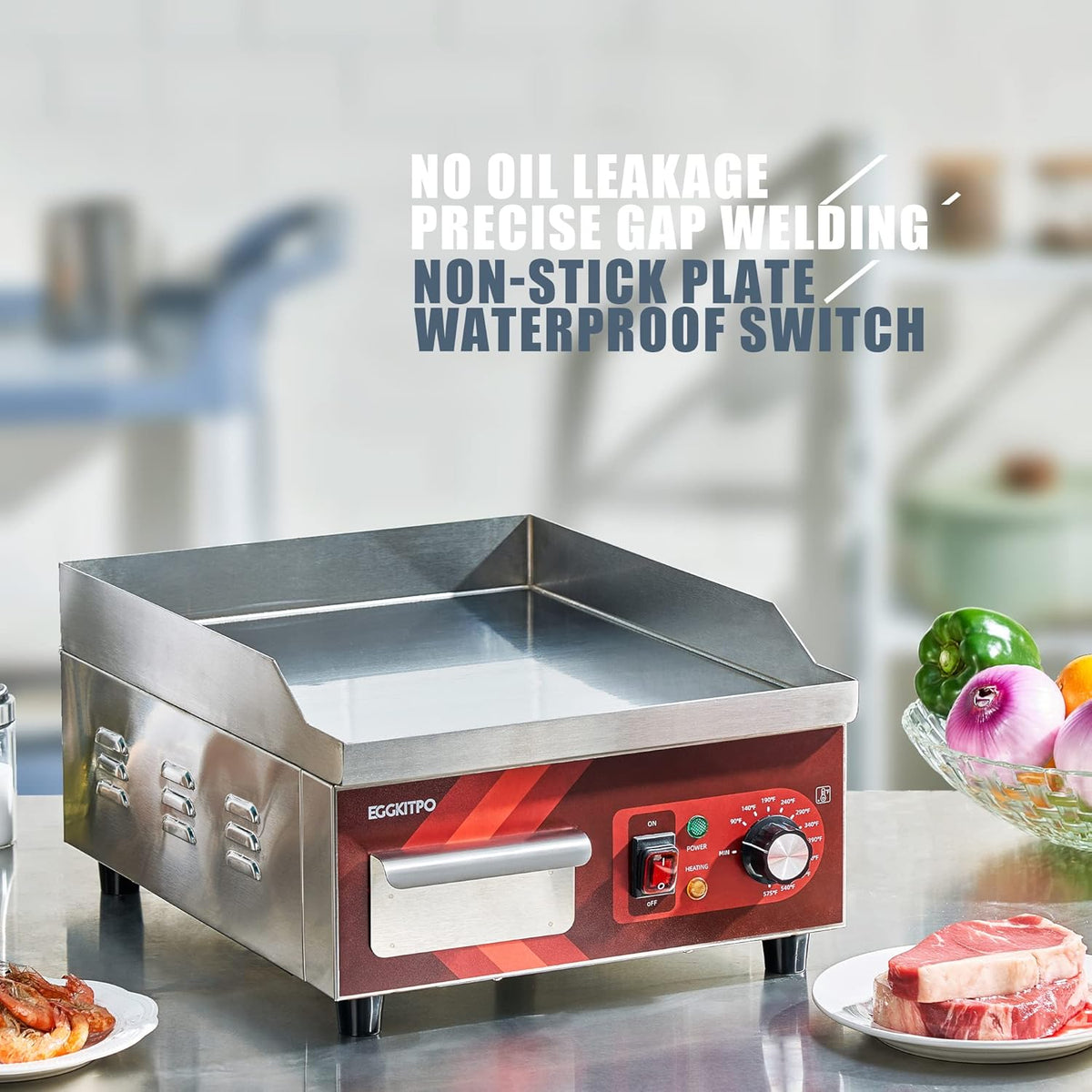 EGGKITPO Elektrische grillplaat, 35,6 cm, platte anti-aanbakgrill voor commercieel elektrisch werkblad van roestvrij staal, instelbare temperatuurregeling van 100 °F tot 900 °F voor thuisgebruik