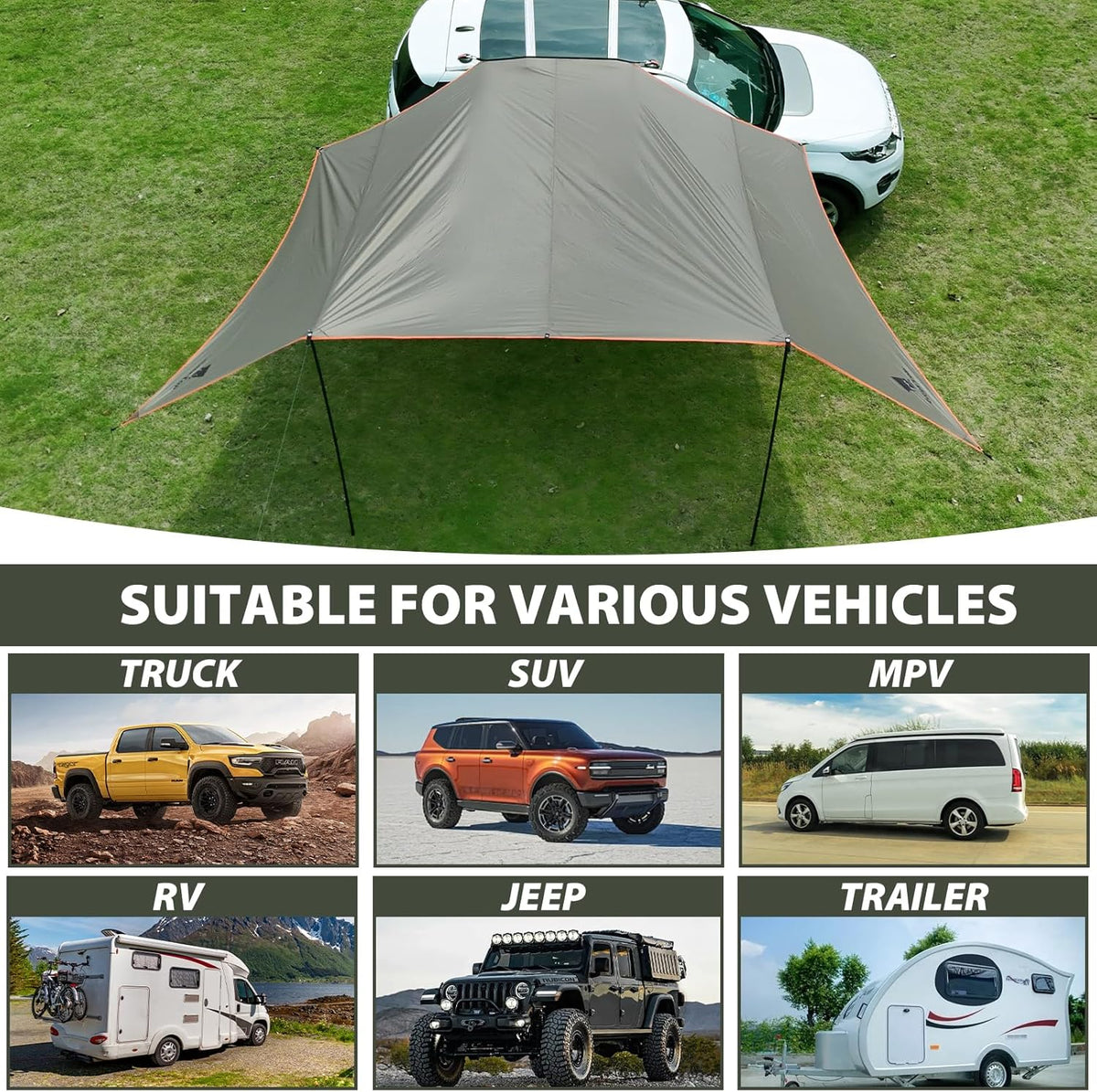 GEERTOP 3,5 x 5,8 m Automarkise Zonnescherm, Waterdicht 3000 mm Grote voortent auto met 2 stangen, Waterafstotend Zonnedak voor autocamping, SUV, MPV, Camper