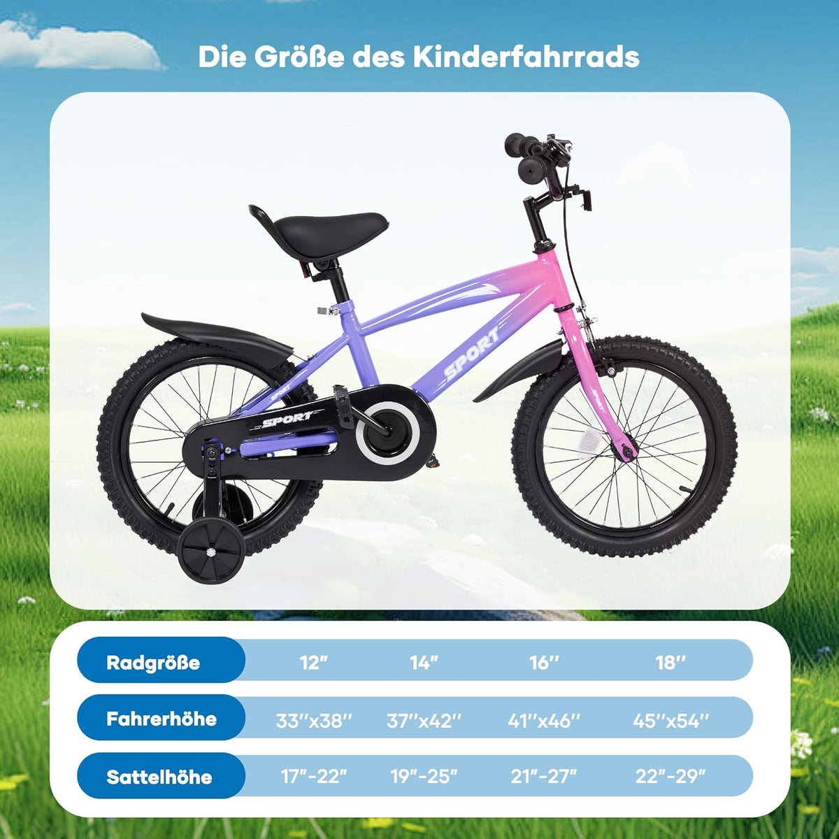 Kinderfiets, 14 inch, fiets voor jongens en meisjes met steunwielen, stevig frame, verstelbare zitting, terugtraprem en handrem, geschikt voor bestuurders van 94 tot 107 cm (paars kleurverloop)