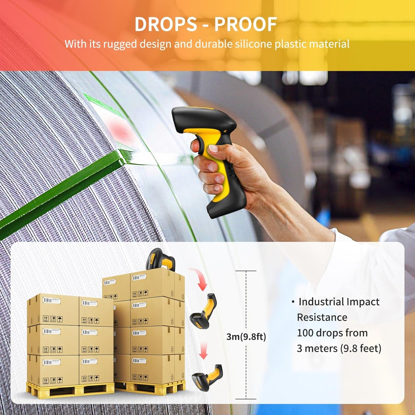 NETUM Upgraded QR Industrial Bluetooth Barcode Scanner with Charging Dock, Wireless 2D 1D Bar Code Reader 2600mAh Drop Protection Shock Dust Proof Hands Free for Windows Mac Android iOS (NT-1202W)