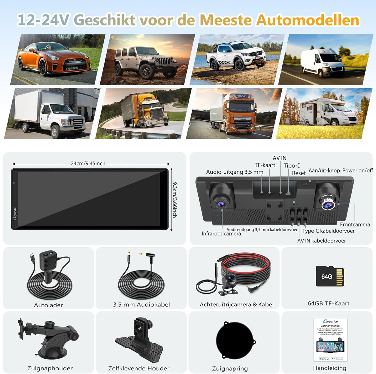 Carpuride W903S Draagbare Draadloze CarPlay & Android Auto met Dash Cam - HD IPS-Scherm, 4K-Frontcamera + 1080P-Achtercamera + 1080P-Infraroodcamera, Loop-Opname, Bluetooth, GPS, Siri, Muziek