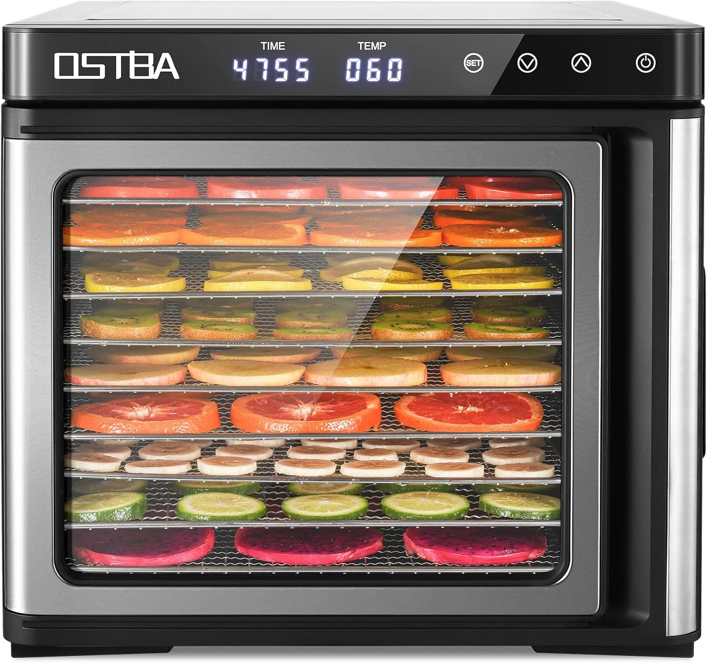 OSTBA Roestvrijstalen droogautomaat, 1000 W voedseldroger met temperatuurregeling (35-75 °C) en 48-uurs timer, 9 roestvrijstalen schalen voor het drogen van vlees, groenten en fruit, inclusief