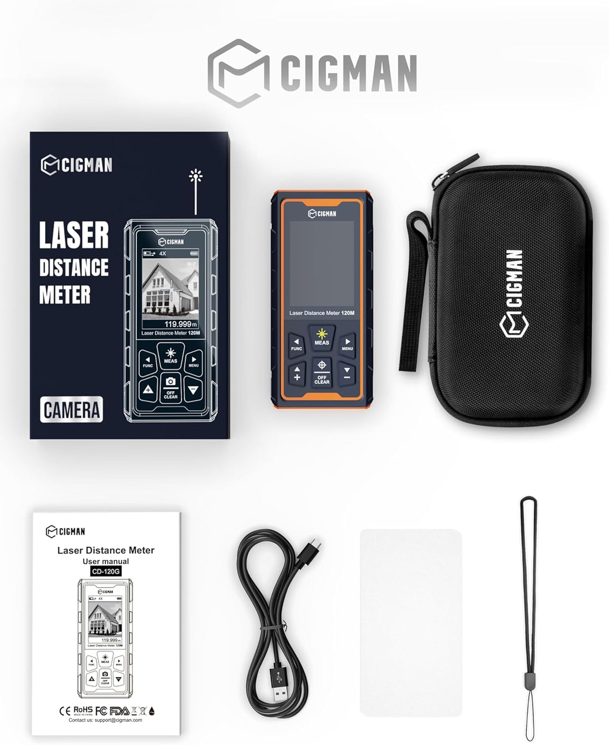 120M laserafstandsmeter, CIGMAN afstandsmeter met camera, 4x zoom camera positie laserafstandsmeter, LCD display laser meetapparaat, IP65, 16 meetmodi voor gebruik buitenshuis, (CD-120G)Geachte klant