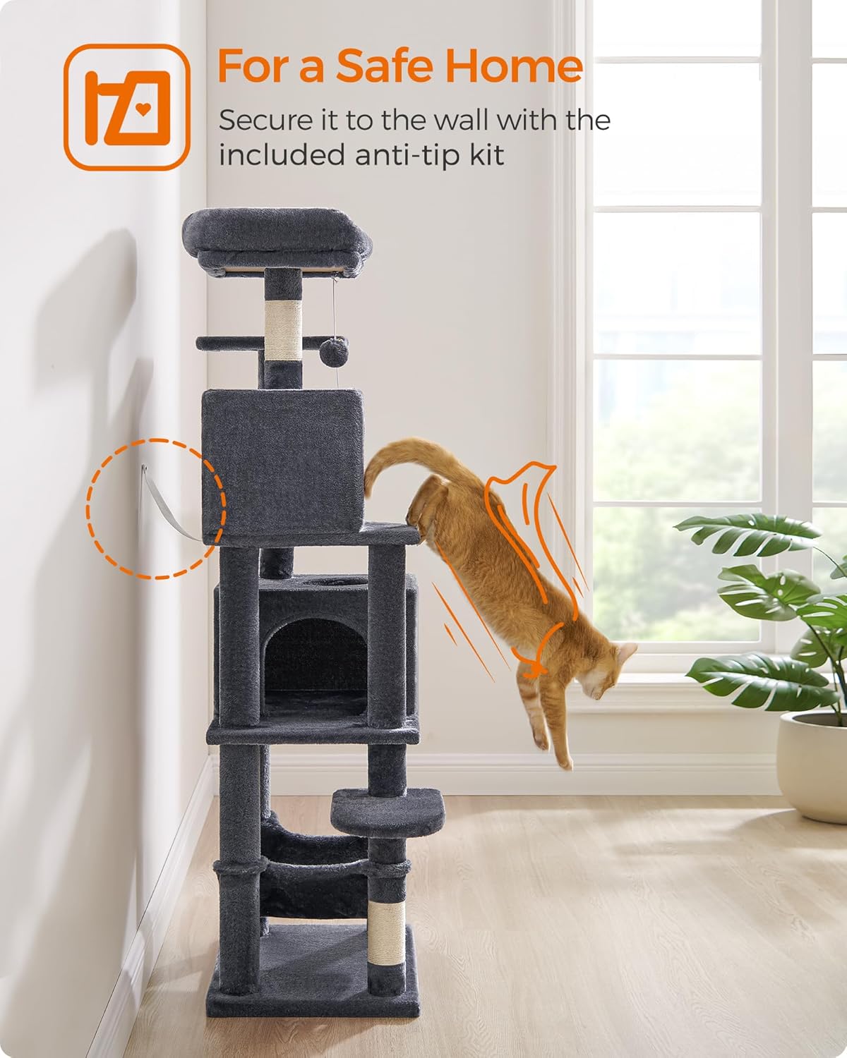 Krabpaal – Kattenboom – Klimpaal – Kattenmeubel – Krabmeubel – 155 cm Hoog – Met 5 Sisal Krabkolommen & 2 Knusse Kattenholletjes