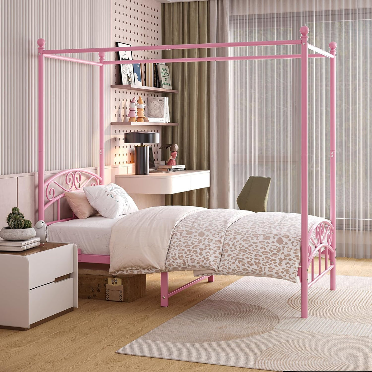 JURMERRY 90 cm eenpersoons hemelbedframe met sierlijk hoofdeinde en voetenplank in Europese stijl, stevig staal, perfect, eenvoudige doe-het-zelf montage, alle onderdelen inbegrepen, roze, 90 x 190 cm