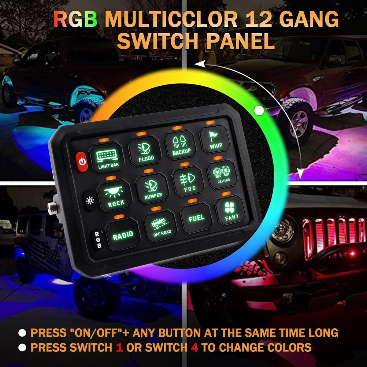 Chelhead 12v/24v 12 Gang Schakelaar Bedieningspaneel Universeel Circuit Control Relaissysteem Touch Schakelaar Doos RGB Aan-Off LED Panel IP65 Waterdicht Compatibel met Auto Truck RV ATV UTV SUV