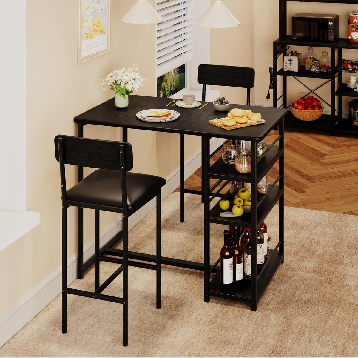 Bartafel set 3-delig, eettafel met 2 stoelen voor keuken, eetkamer, bistro, enz. Bartafel met barkrukset, statafel met metalen frame keukentafel en 2 stoelen met rugleuning en bekleding (zwart)