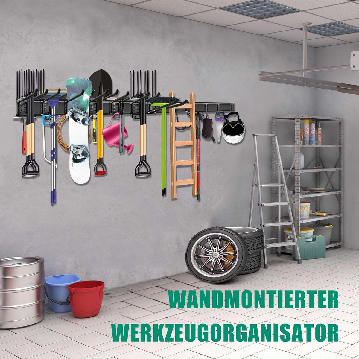 Gereedschapsrek - Gereedschapwand - Gereedschaphouder - Wandhouder - voor Tuingereedschap - Elektrisch Gereedschap - met 4 Paneele - 12 Haken - Veelzijdige Haakconfiguratie - Robuust - voor Garage - Tuin - 162 cm - Zwart