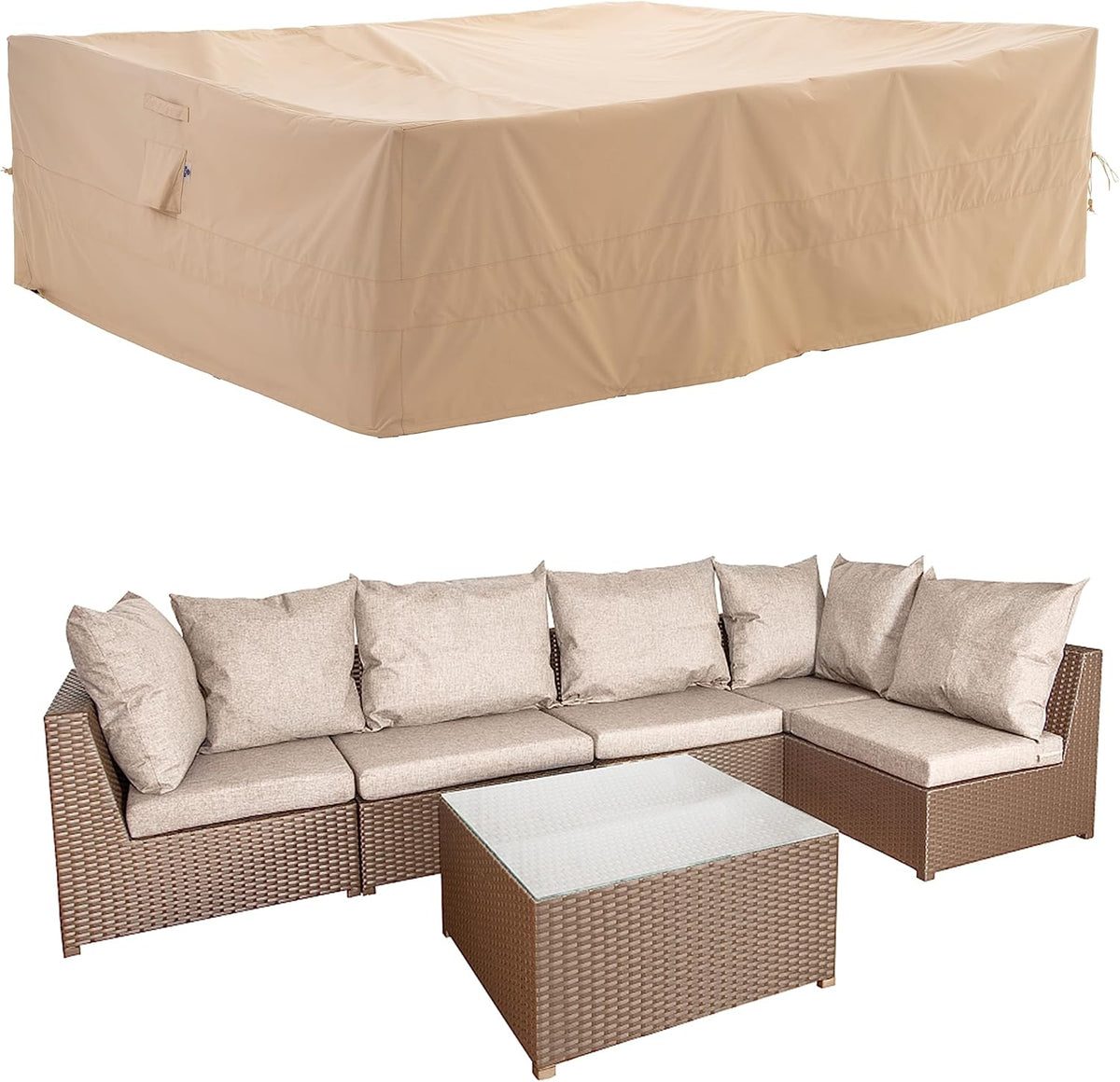 WJ-X3 Grote rechthoekige beige zware terrastafelhoes, 345,4 x 223,5 x 91,4 cm - windbestendig, waterdicht, anti-vervagen - perfect voor sectionele meubelsets buiten